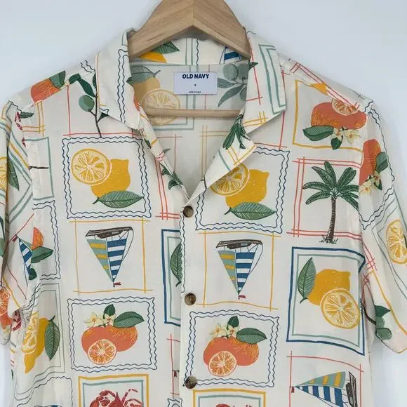 Old Navy Men's Short Sleeve Camp Shirt Retro Postcard Style Button Down Shirt - Picture 4 of 9